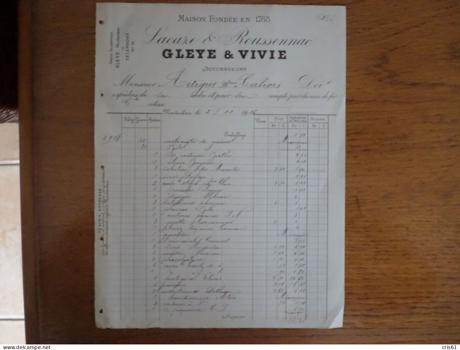 82 MONTAUBAN - Facture GLEYE & VIVIE, Droguerie Médicinale Produits Chimiques, Novembre 1916 - 1900 – 1949