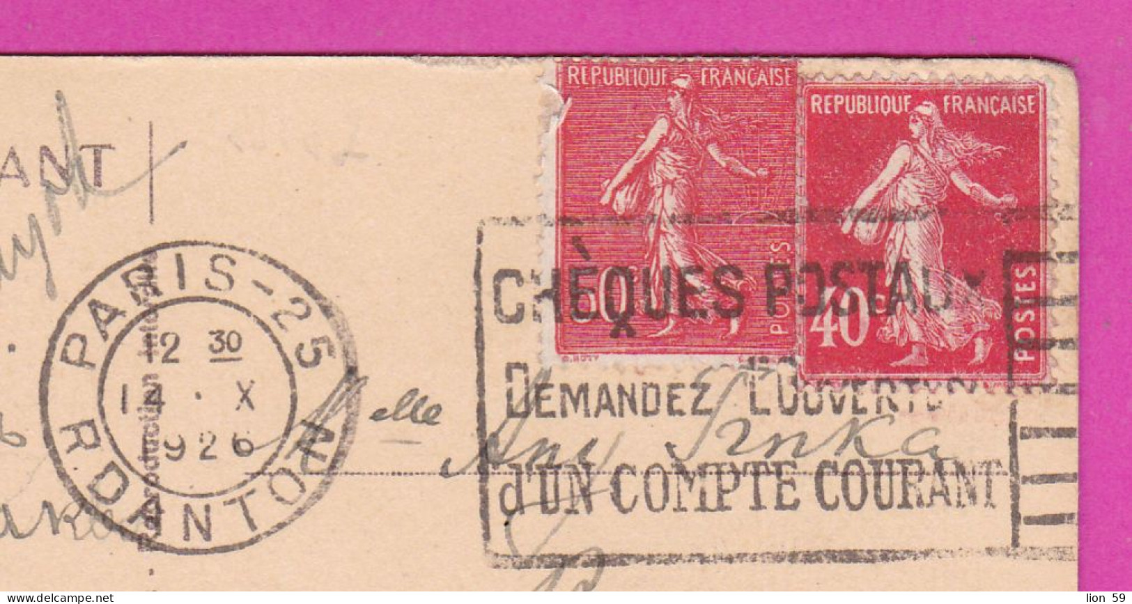 294267 / France - Paris La Tour Eiffel PC 1926 Caen  USED 30 C. Semeuse 50 C. Semeuse Lignée Flamme CHÈQUES POSTAUX – De - Covers & Documents