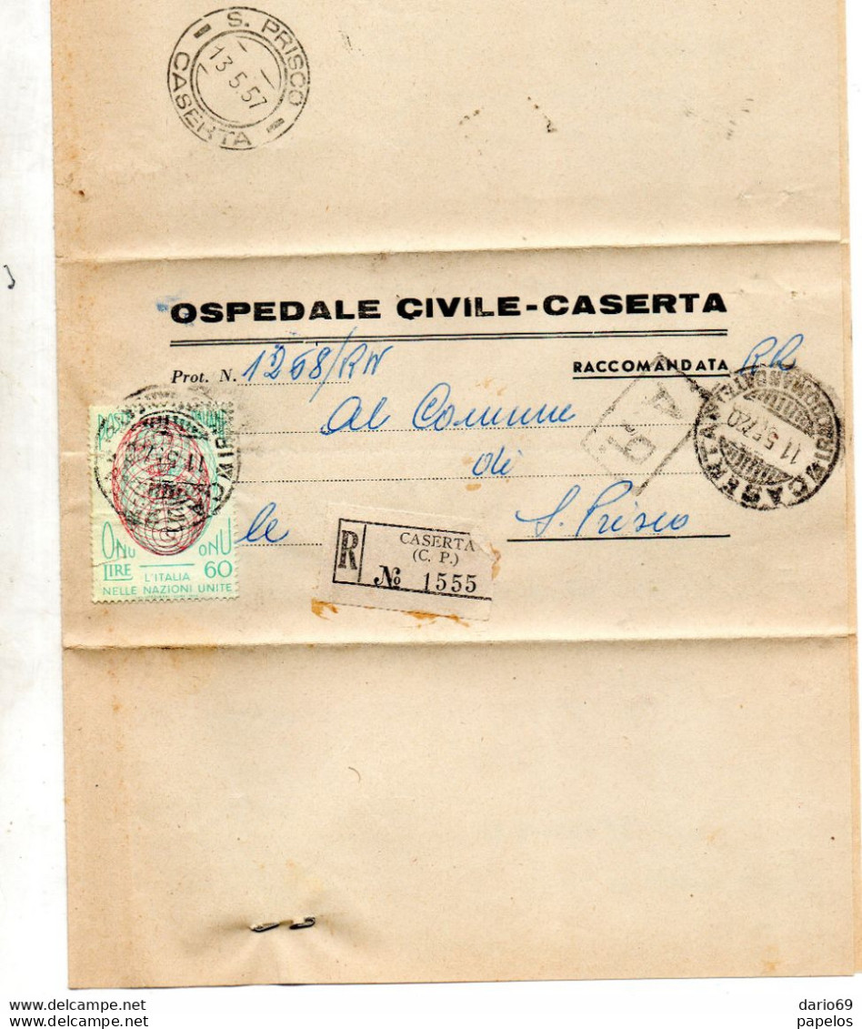 1957 LETTERA RACCOMANDATA CON ANNULLO CASERTA + S. PRISCO CASERTA - 1946-60: Marcophilia