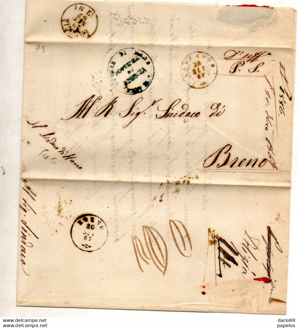 1867  LETTERA CON ANNULLO  LAVENONE BRESCIA + BRENO - Officials