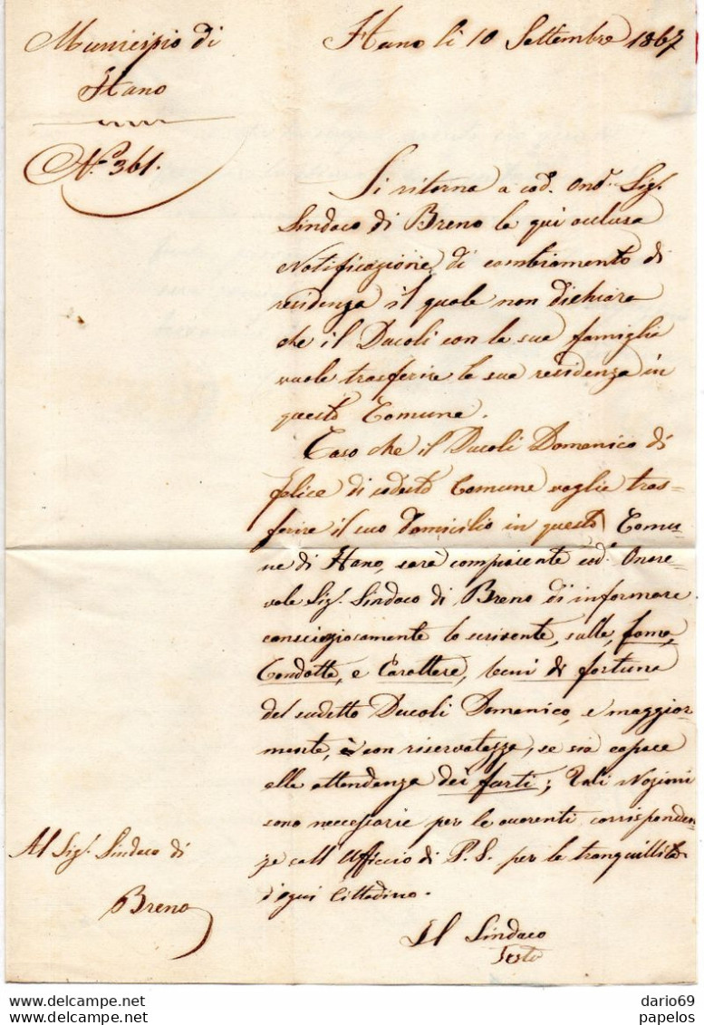 1867  LETTERA CON ANNULLO  LAVENONE BRESCIA + BRENO - Officials