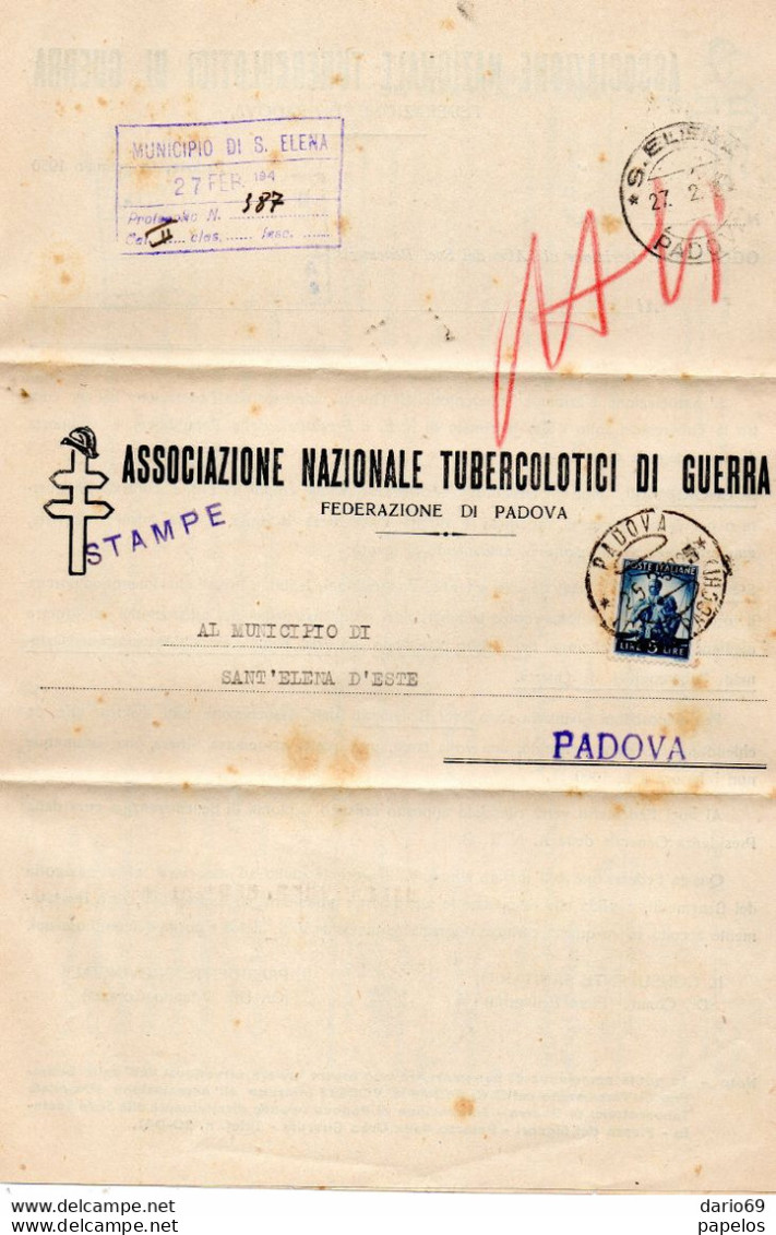 1949 LETTERA INTESTATA  ASSOCIAZIONE NAZIONALE TUBERCOLOTICI DI GUERRA  CON ANNULLO PADOVA - 1946-60: Marcophilia