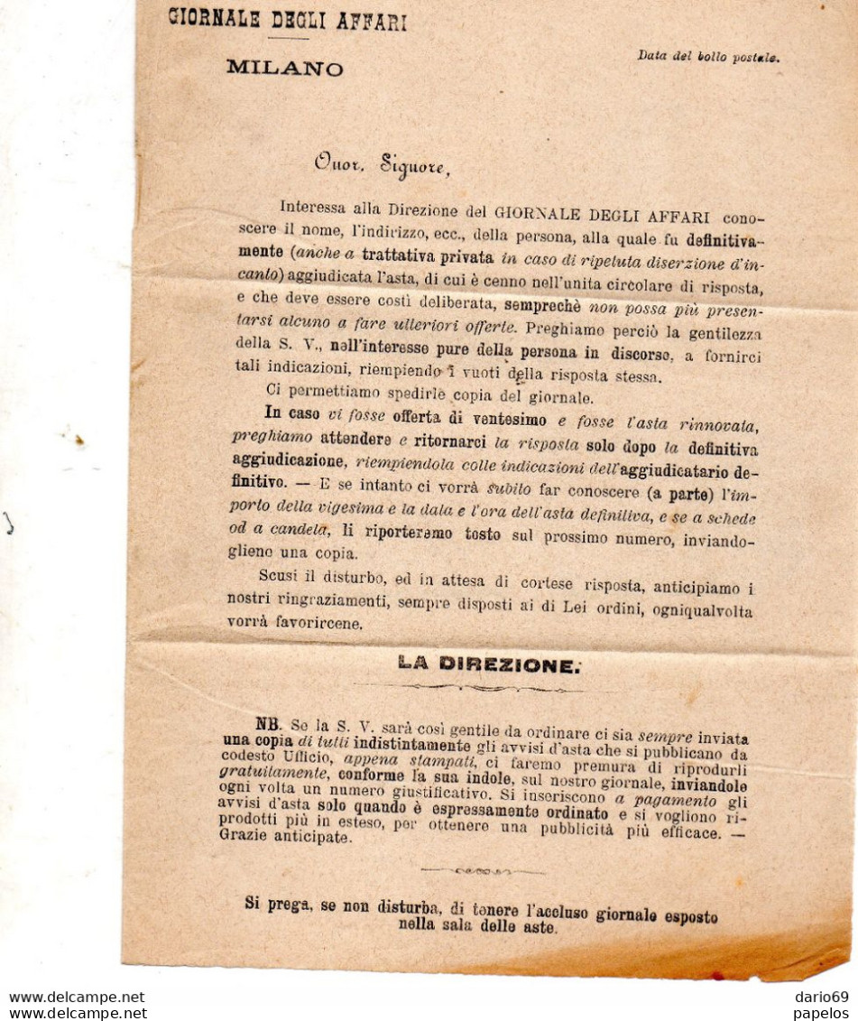 1884 LETTERA INTESTATA GIORNALE DEGLI AFFARI MILANO CON ANNULLO  AGAZZANO - Marcophilia