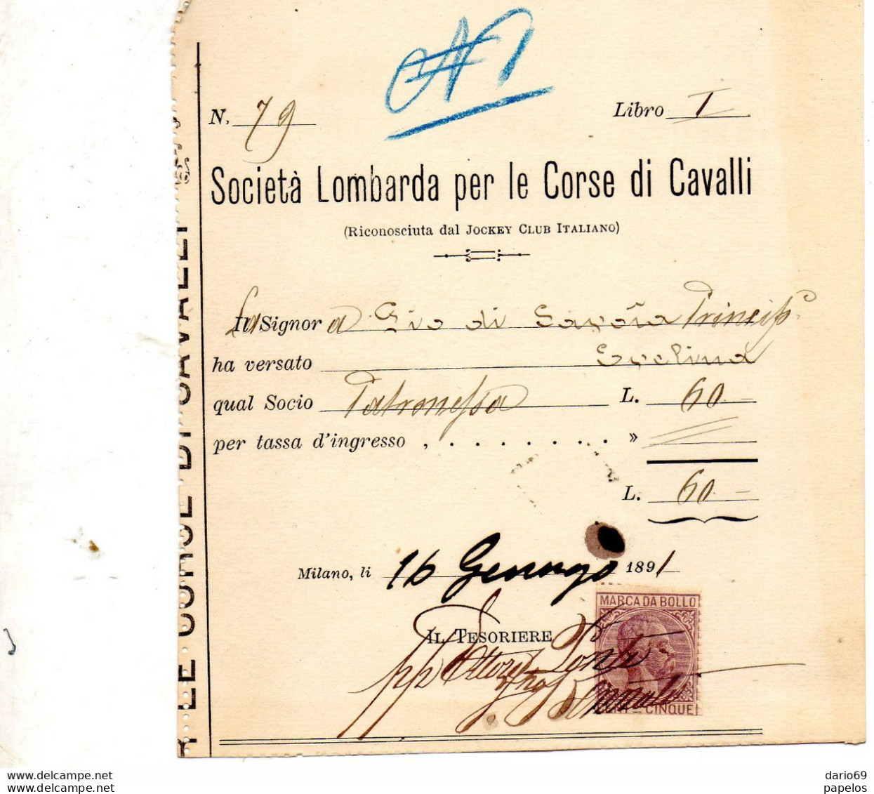 1891 MILANO, SOCIETA'  LOMBARDA PER LE CORSE DI CAVALLI - Italy
