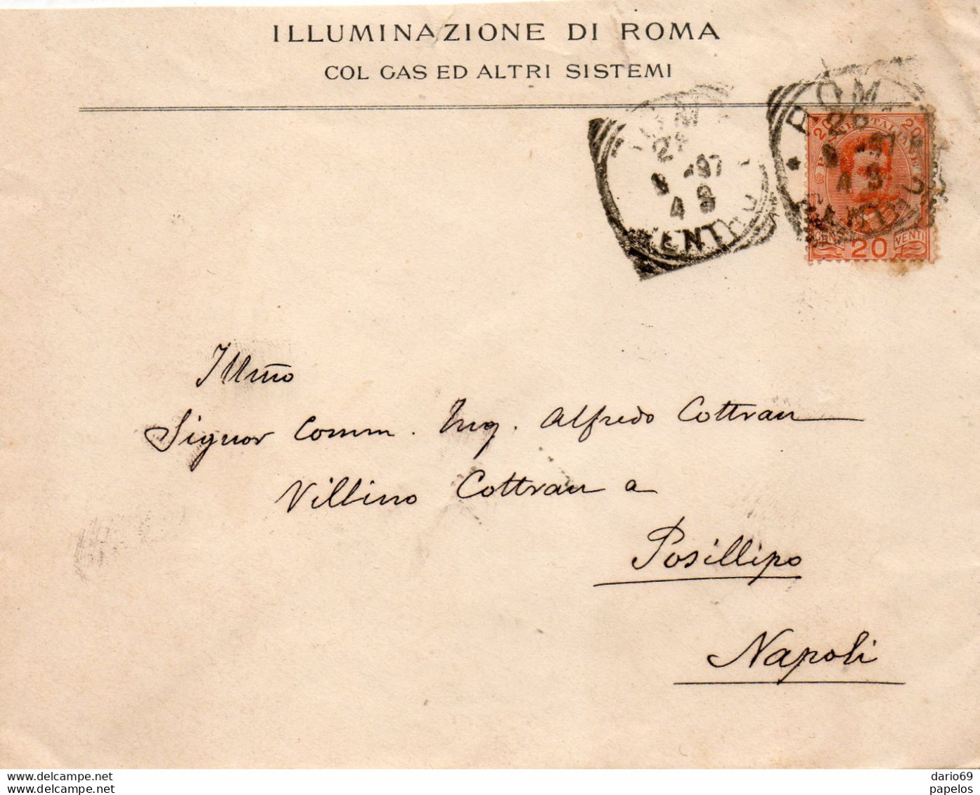 1897 LETTERA INTESTATA, ILLUMINAZIONE DI ROMA  COL GAS E ALTRI SISTEMI, CON ANNULLO ROMA + POSILLIPO NAPOLI - Marcophilie