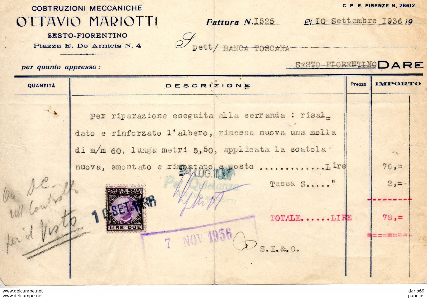 1936 SESTO FIORENTINO - COSTRUZIONI MECCANICHE OTTAVIO MARIOTTI - Italy