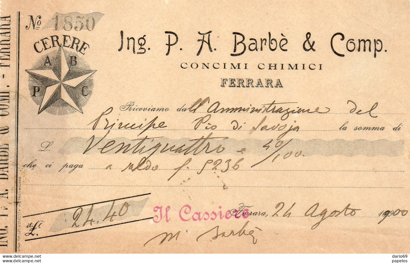 1899 FERRARA,  INGEGNERE  P.A.  BARBE' , CONCIMI CHIMICI - Italy