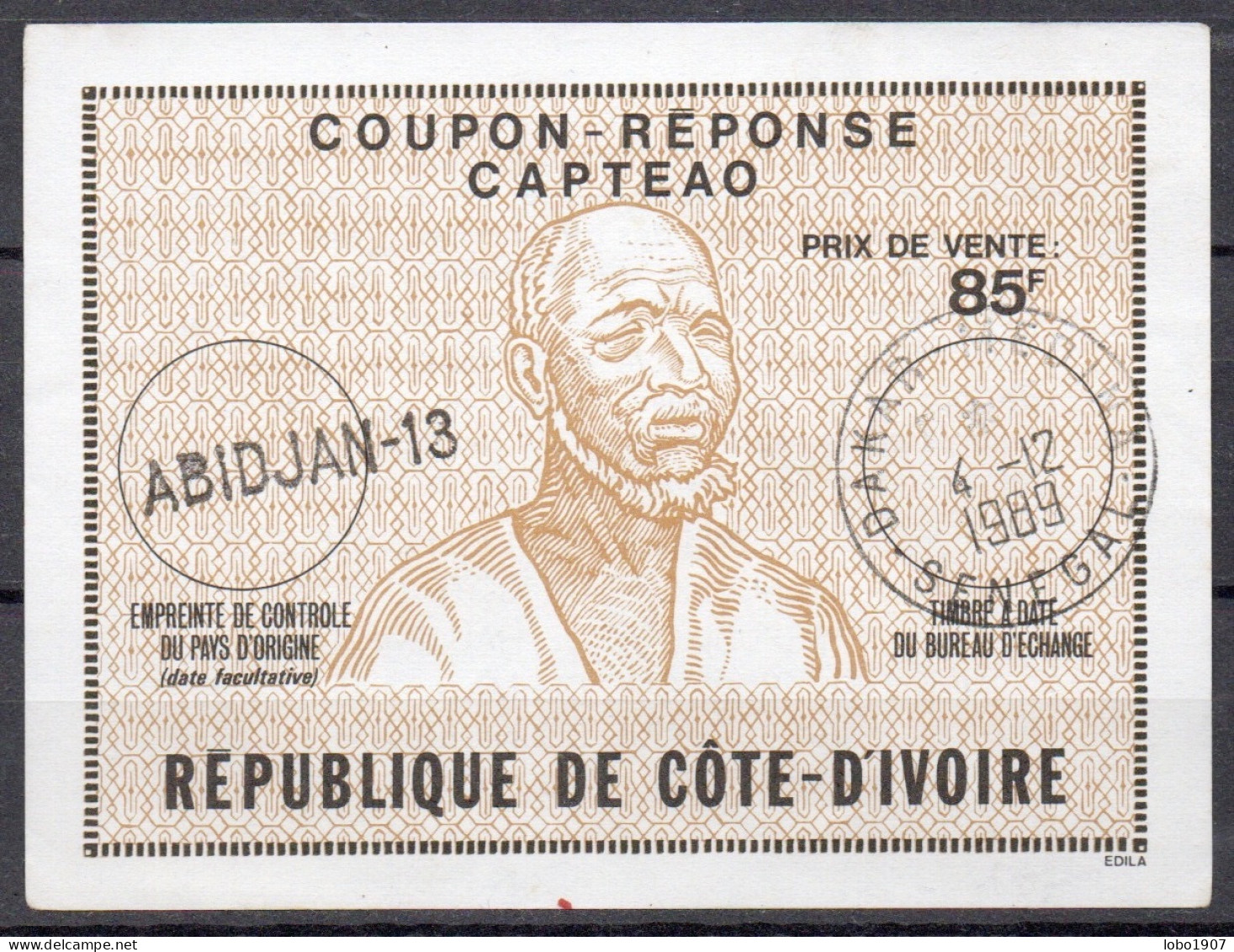 RÉPUBLIQUE DE CÔTE D'IVOIRE  Ca1  85F  CAPTEAO Reply Coupon Reponse Antwortschein IRC IAS O ABIDJAN 13 - Côte D'Ivoire (1960-...)