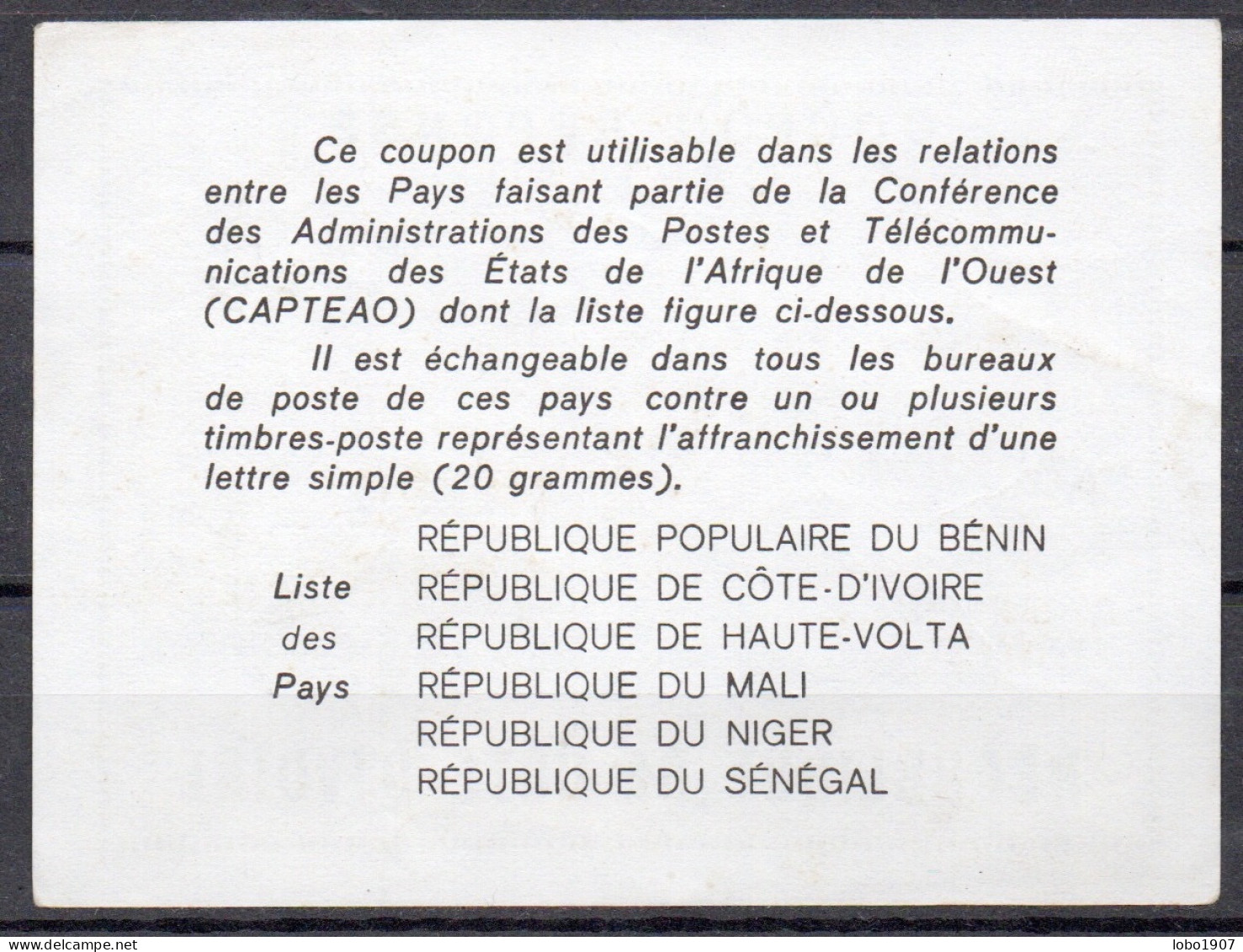 RÉPUBLIQUE DE CÔTE D'IVOIRE  Ca1  85F  CAPTEAO Reply Coupon Reponse Antwortschein IRC IAS O ABIDJAN 13 - Costa D'Avorio (1960-...)