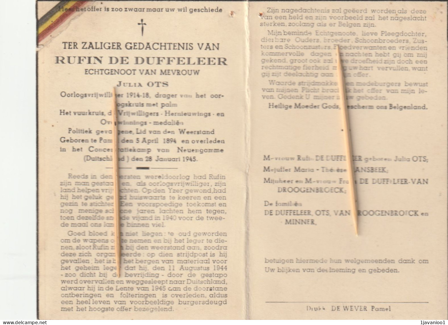 Oorlogsslachtoffer : 1945, Rufin De Duffeleer, Ots, Pamel, Neuengamme, Duitsland - Devotieprenten