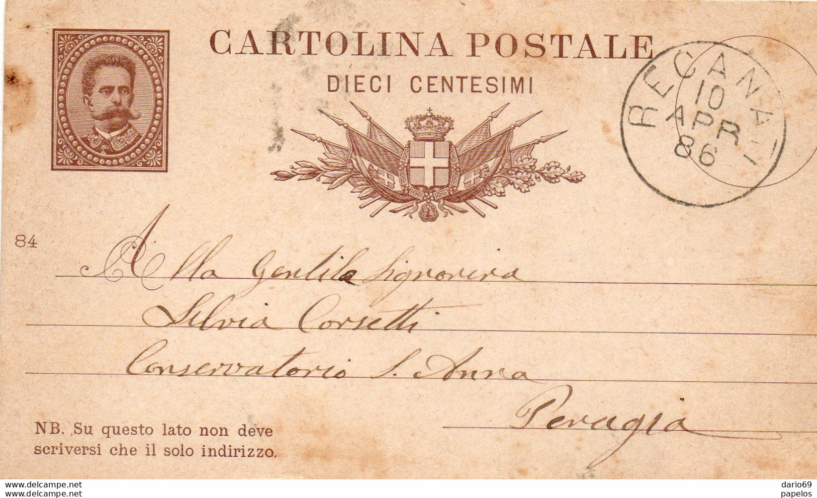1886 CARTOLINA CON ANNULLO RECANATI - Stamped Stationery