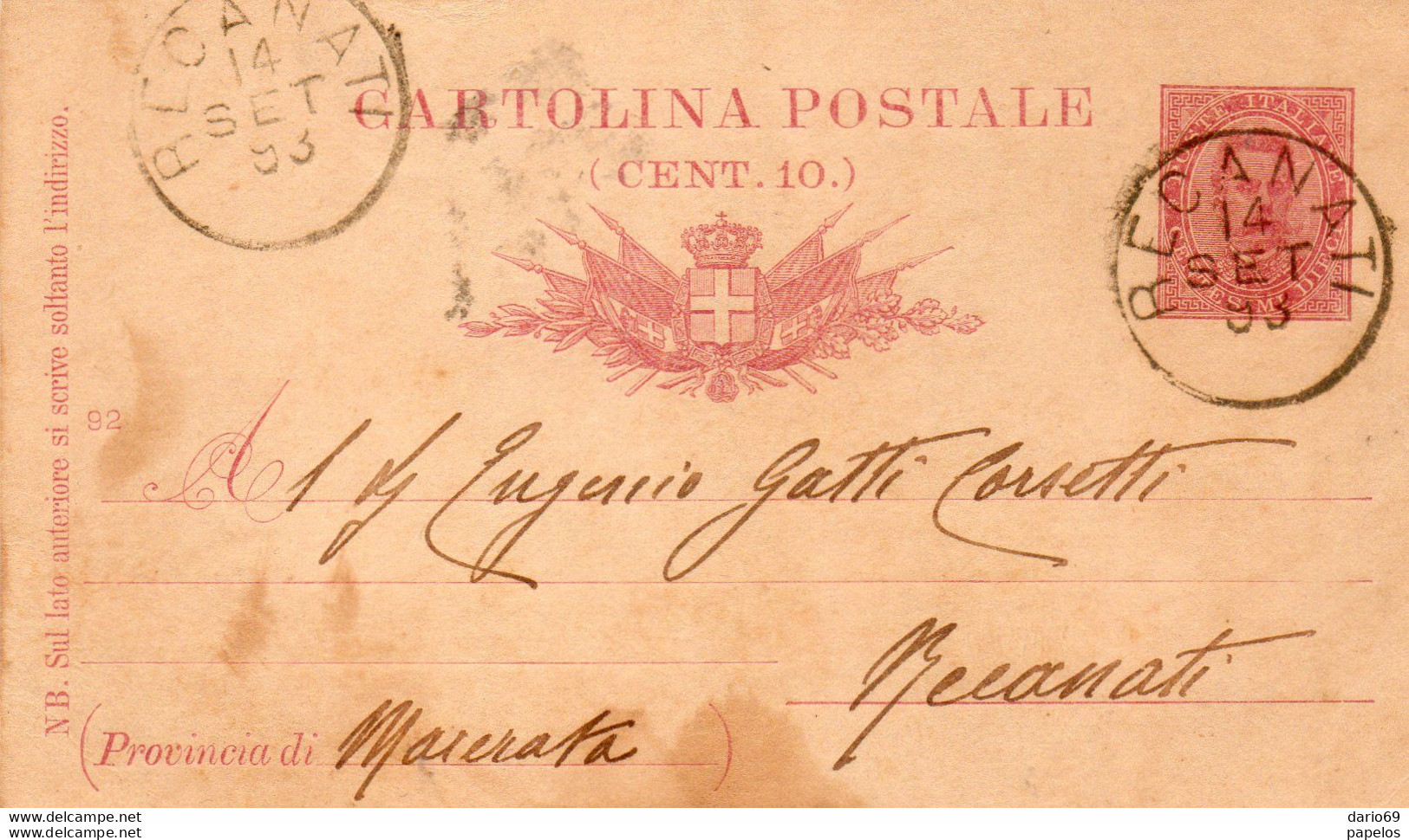 1893  CARTOLINA CON ANNULLO RECANATI - Stamped Stationery