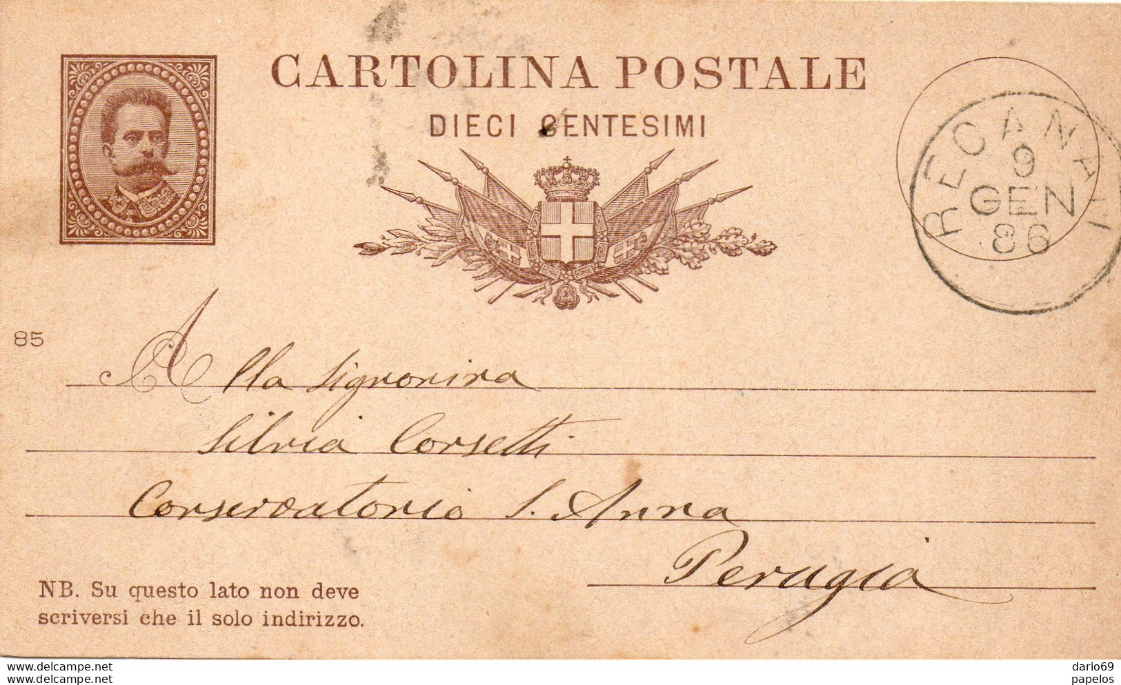 1886 CARTOLINA CON ANNULLO RECANATI + PERUGIA - Entiers Postaux