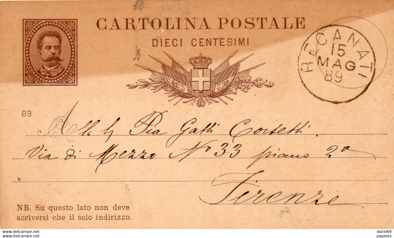 1889 CARTOLINA CON ANNULLO RECANATI - Entiers Postaux