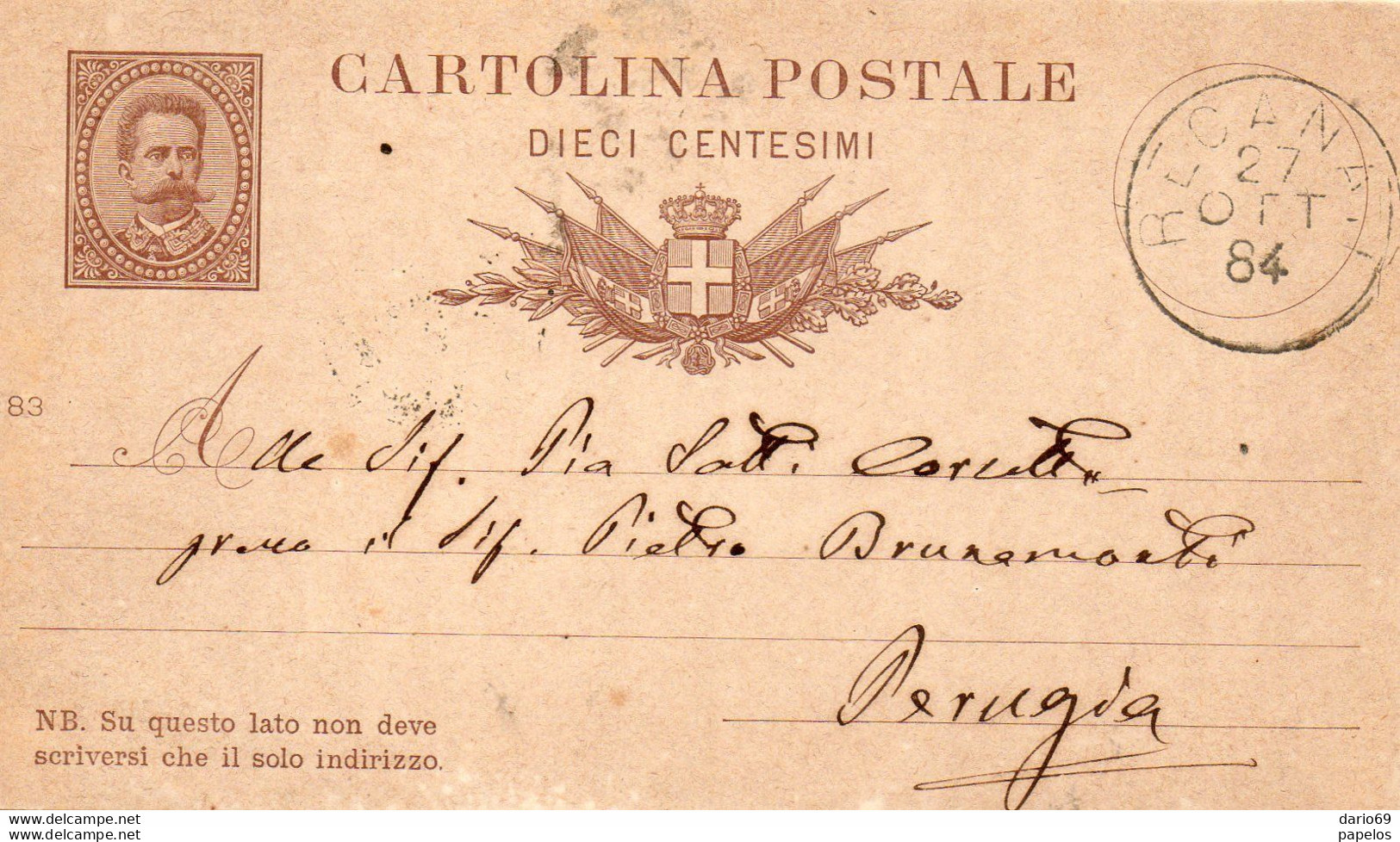 1884 CARTOLINA CON ANNULLO RECANATI + PERUGIA - Stamped Stationery