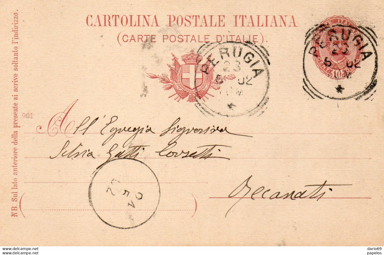 1902 CARTOLINA CON ANNULLO RECANATI + PERUGIA - Entiers Postaux