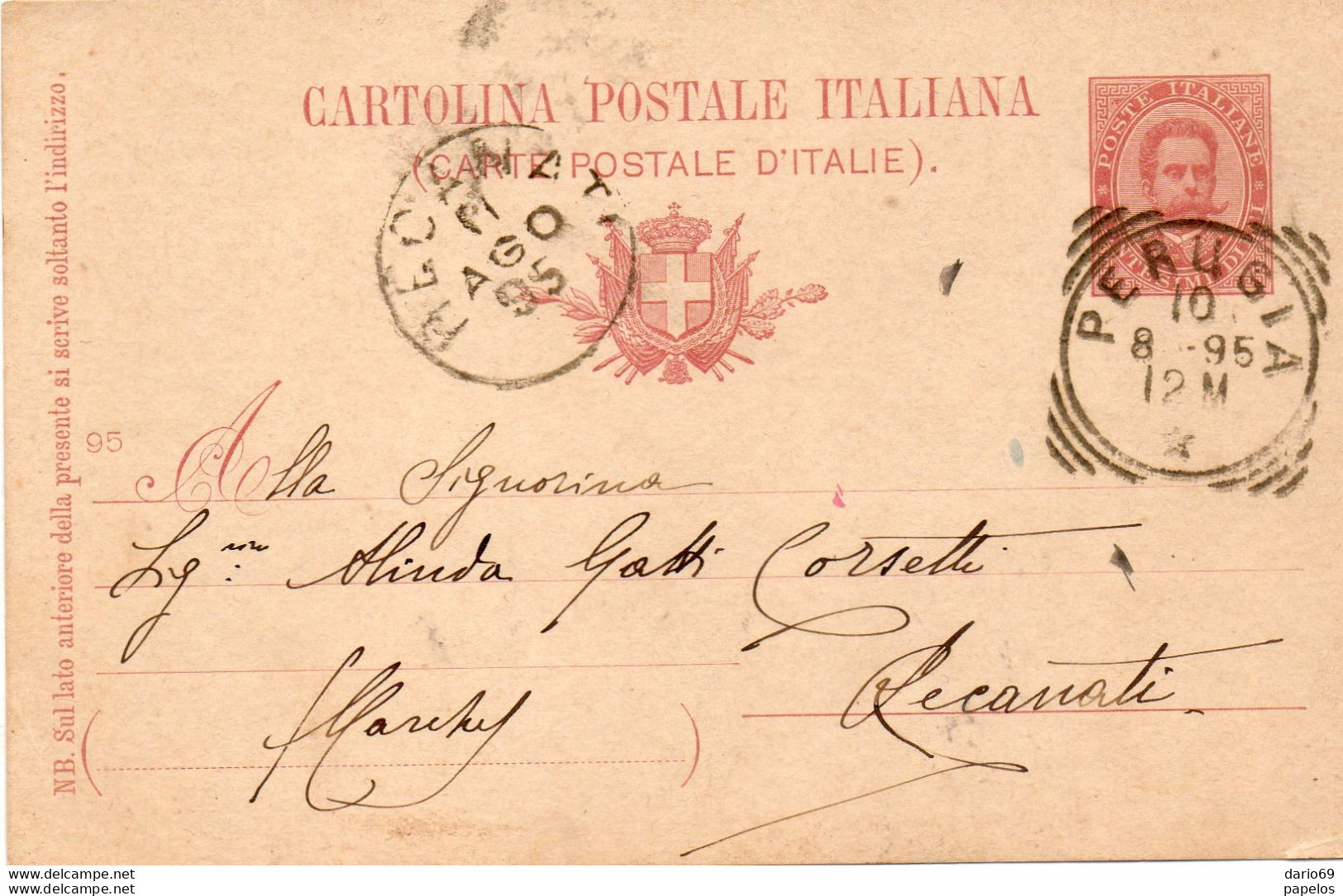 1895 CARTOLINA CON ANNULLO RECANATI + PERUGIA - Stamped Stationery