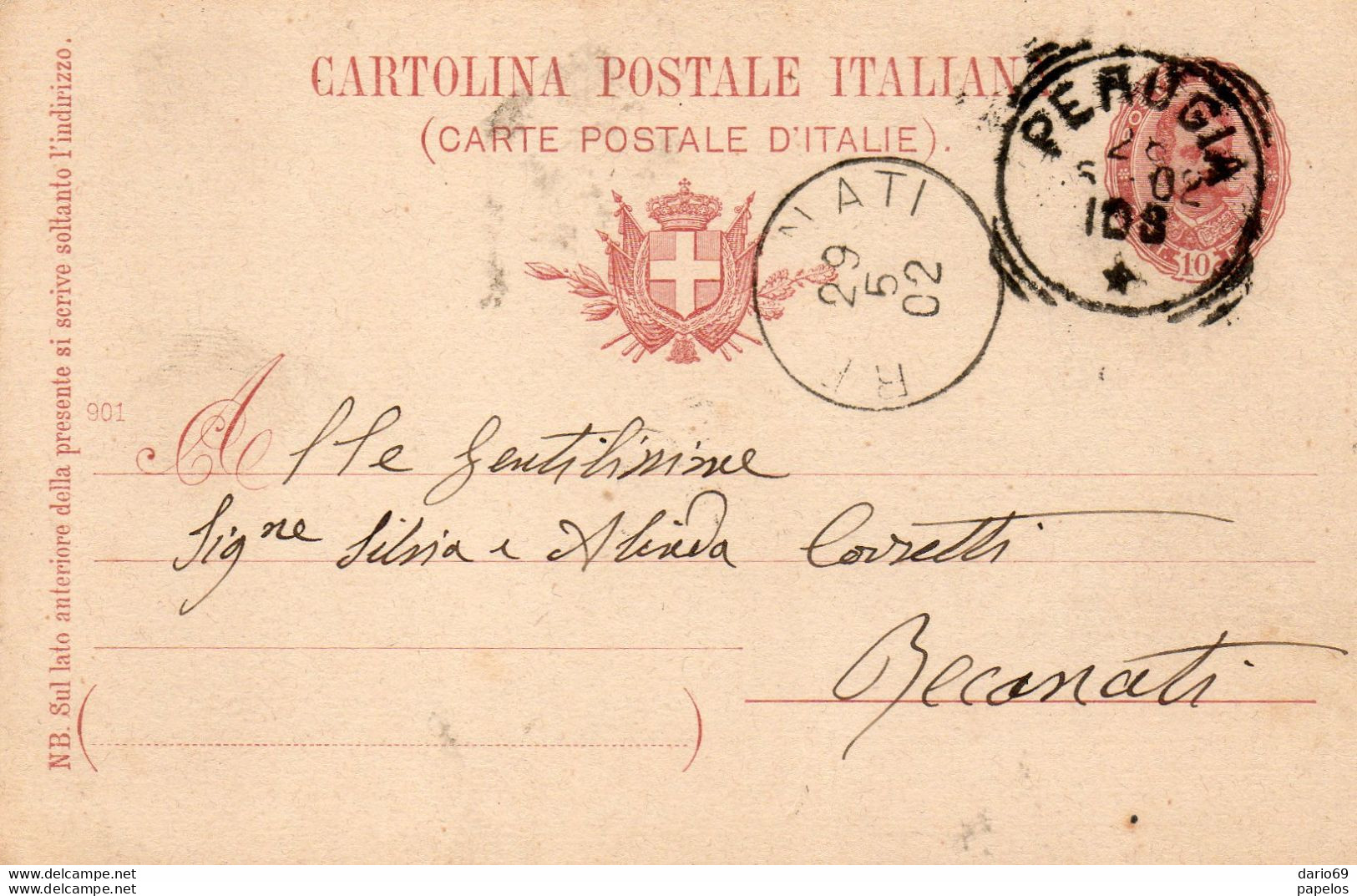 1902 CARTOLINA CON ANNULLO RECANATI + PERUGIA - Stamped Stationery