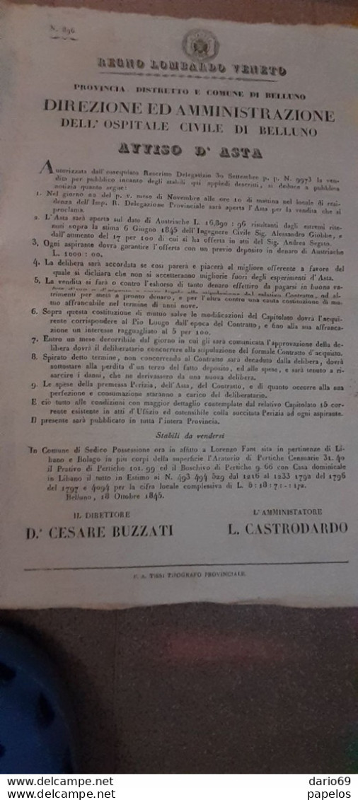 1845 BELLUNO -  REGNO LOMBARDO VENETO AVVISO D'ASTA - Decrees & Laws