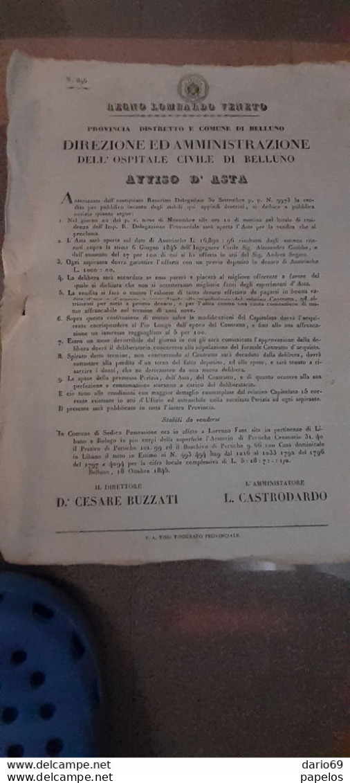 1845 BELLUNO -  REGNO LOMBARDO VENETO AVVISO D'ASTA - Decrees & Laws
