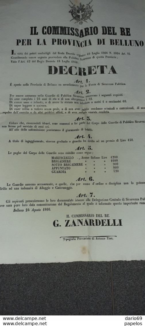 1866 BELLUNO -  IL COMMISSARIO DEL RE' - ARRUOLAMENTO PER LA FORZA DI SICUREZZA - Documenti Storici