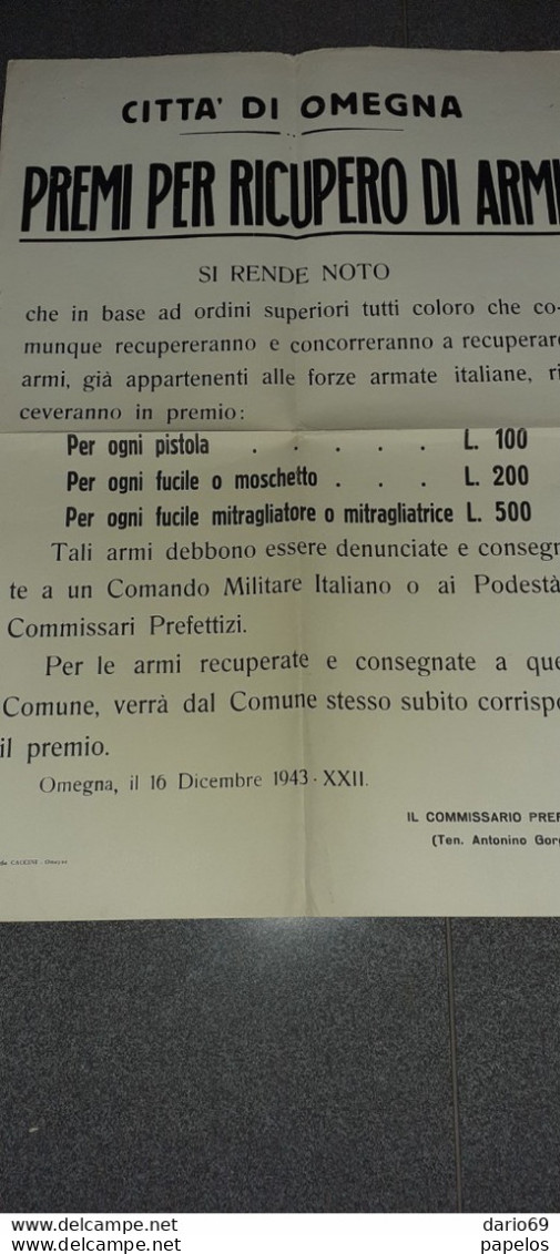 1943 OMEGNA , PREMI PER RECUPERO DI ARMI - Documenti Storici