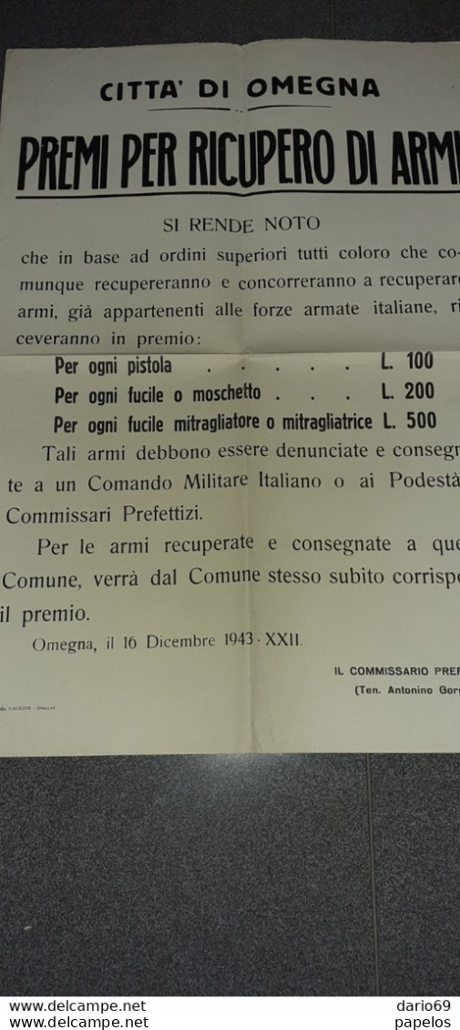 1943 OMEGNA , PREMI PER RECUPERO DI ARMI - Historical Documents