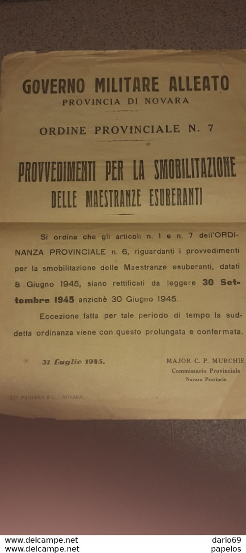 1945 GOVERNO MILITARE ALLEATO PROVINCIA DI NOVARA - Historical Documents