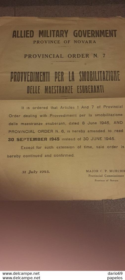 1945 GOVERNO MILITARE ALLEATO PROVINCIA DI NOVARA - Historical Documents