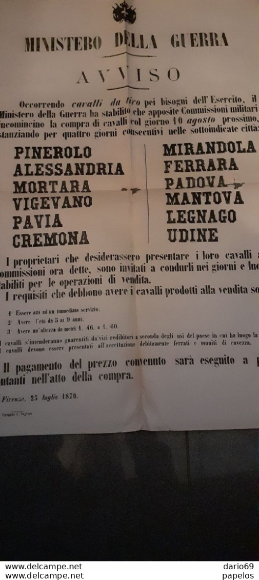 1870 FIRENZE - MINISTRO DELLA GUERRA -  AVVISO DI RICHIESTA CAVALLI DA TIRO - Affiches