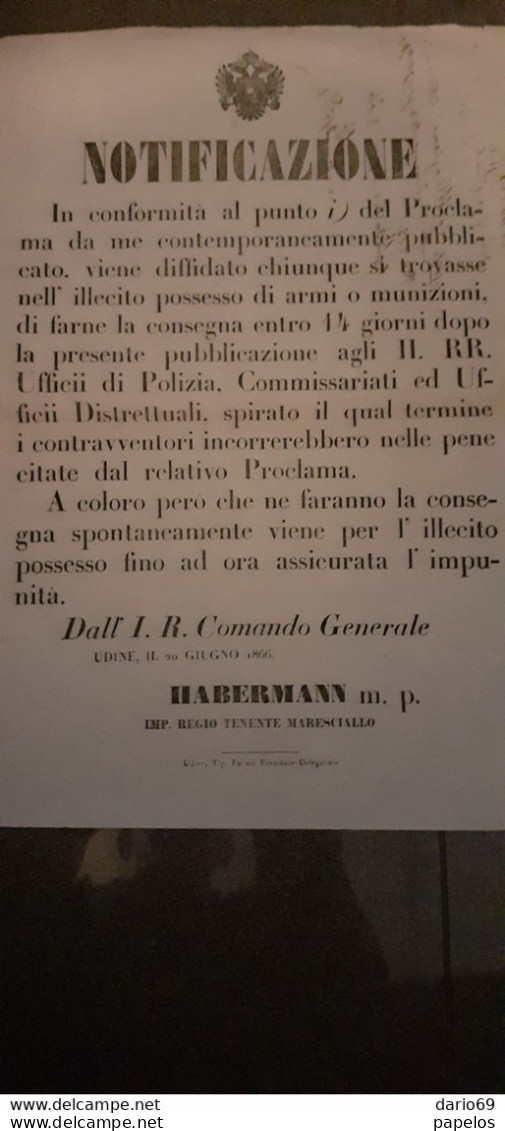 1866 UDINE -  RICHIESTA DI CONZEGNA ARMI E MUNIZIONI - Decreti & Leggi