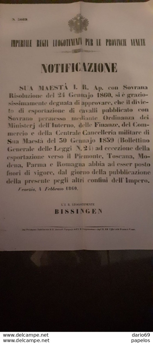 1860 VENEZIA  -  DIVIETO DI ESPORTAZIONE CAVALLI - Decreti & Leggi