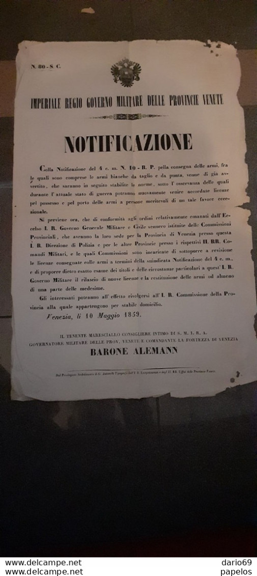 1859 GOVERNO MILITARE DELLE PROVINCE VENETE -  CONSEGNA DELLE ARMI - Decreti & Leggi