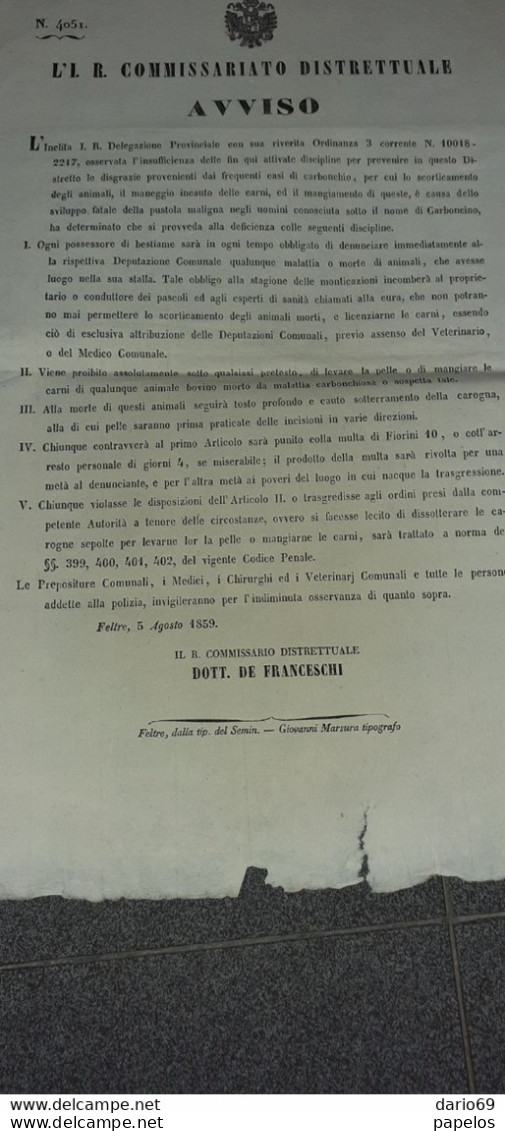 1859 FELTRE BELLUNO,  COMMISSARIATO DISTRETTUALE - Decrees & Laws