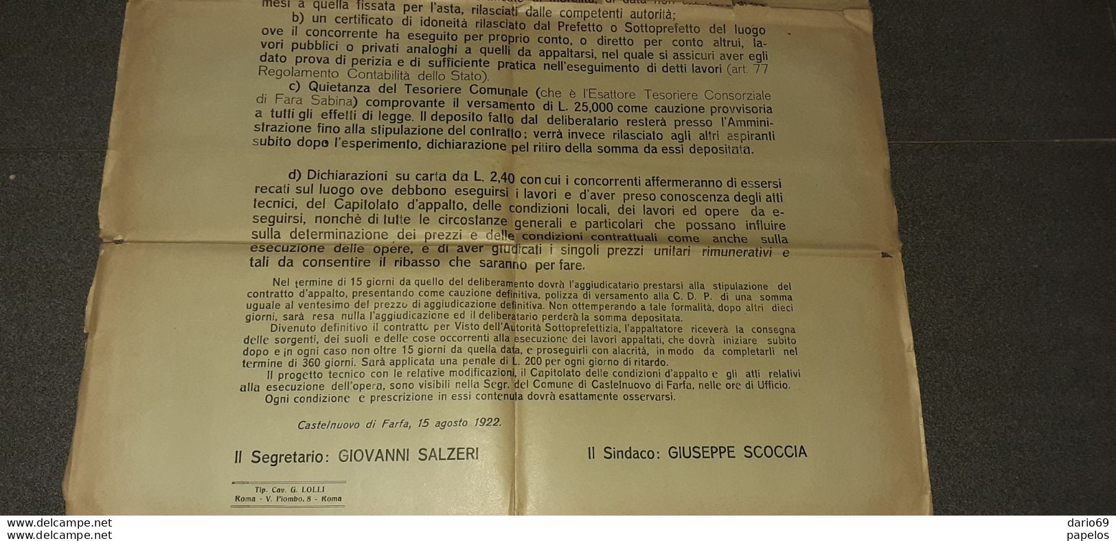 1922 COMUNE DI CASTELNUOVO DI FARFA PERUGIA ACQUEDOTTO COMUNALE AVVISO D'ASTA - Documents Historiques