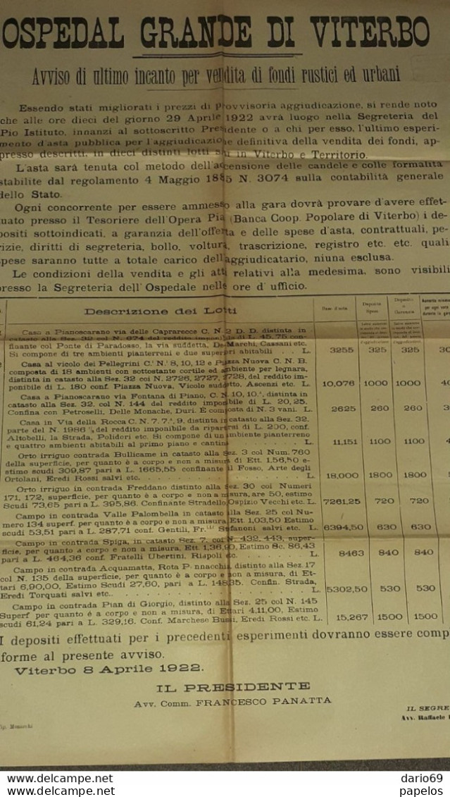 1922 VITERBO -  OSPEDAL GRANDE DI VITERBO -  AVVISO ULTIMO INCANTO PER VENDITA FONDI RUSTICI - Historical Documents