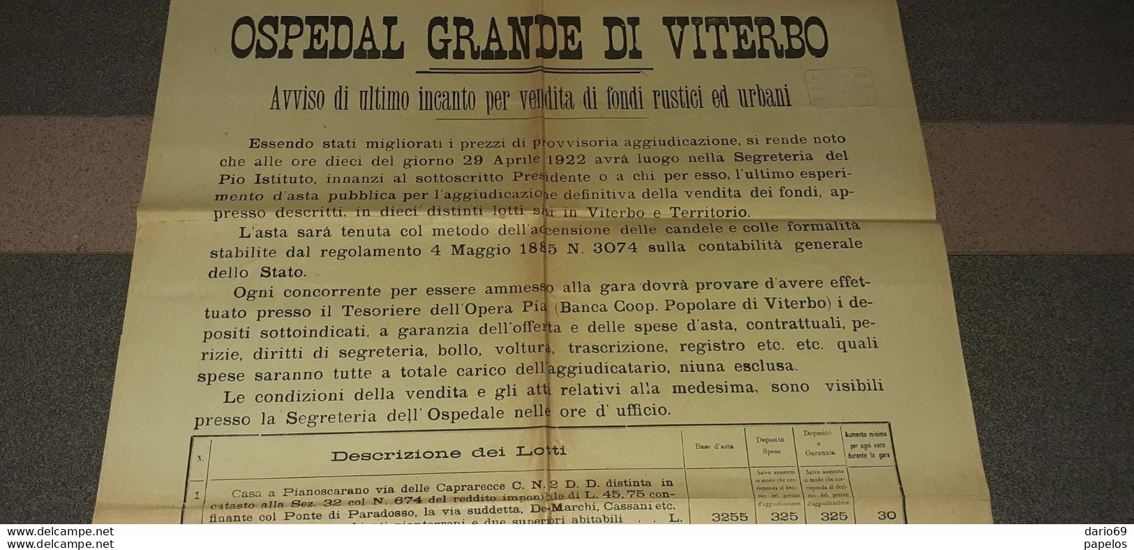 1922 VITERBO -  OSPEDAL GRANDE DI VITERBO -  AVVISO ULTIMO INCANTO PER VENDITA FONDI RUSTICI - Documents Historiques