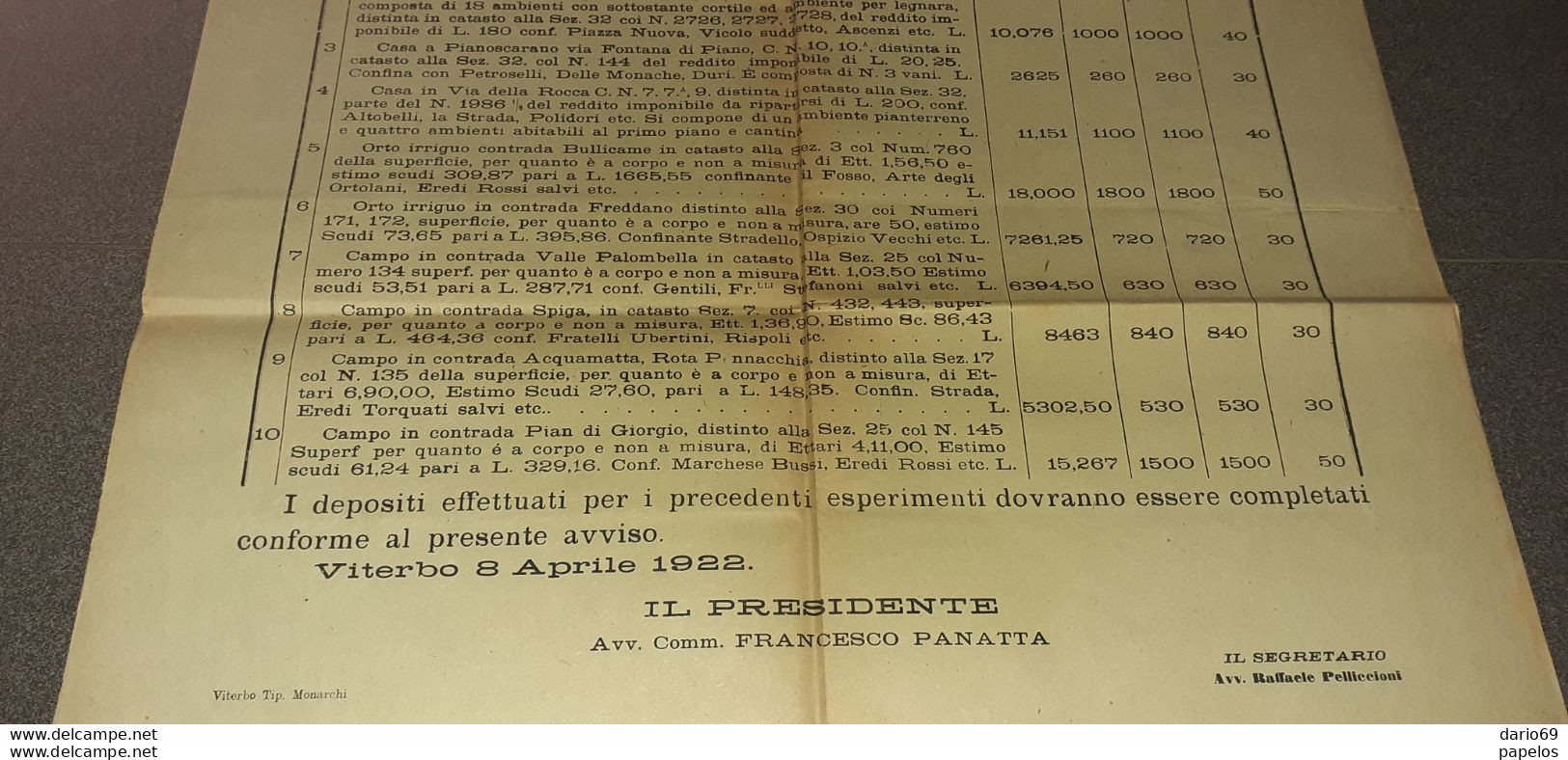 1922 VITERBO -  OSPEDAL GRANDE DI VITERBO -  AVVISO ULTIMO INCANTO PER VENDITA FONDI RUSTICI - Historical Documents