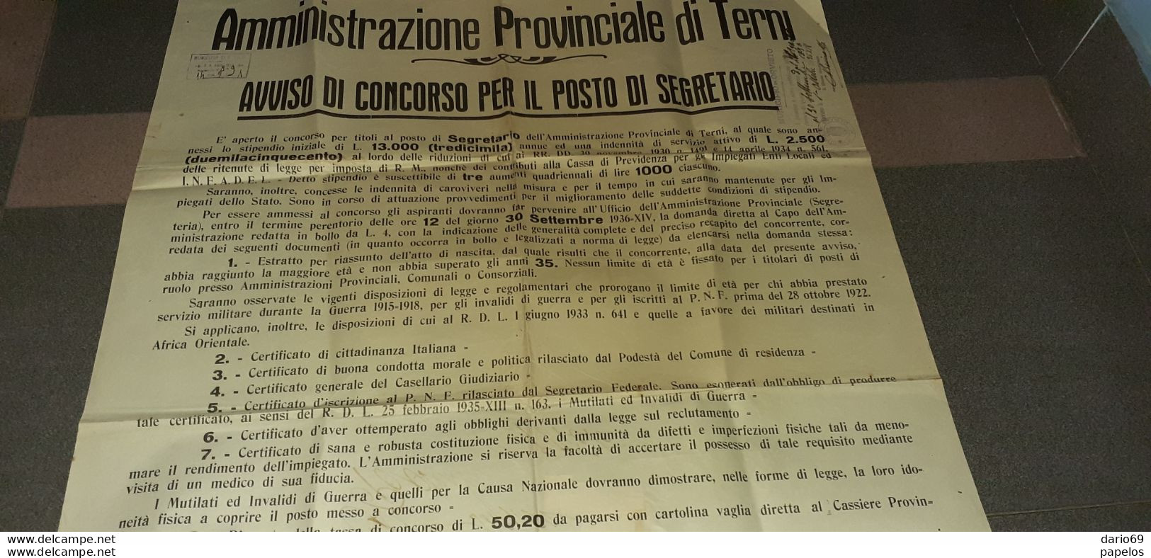 1936 TERNI - AVVISO DI CONCORSO PER IL POSTO DI SEGRETARIO - Historical Documents