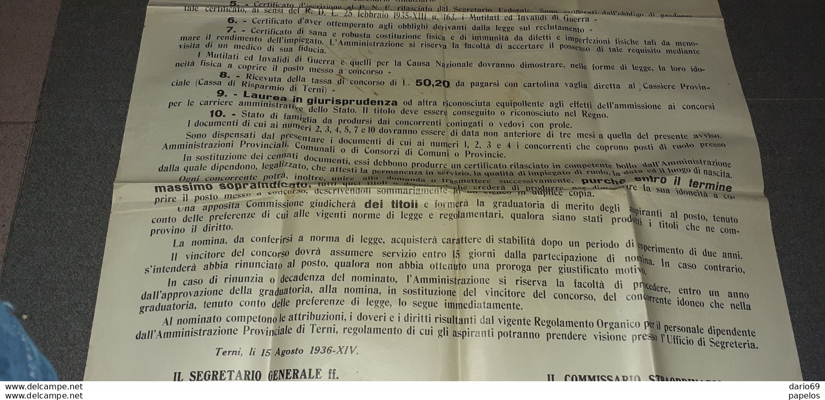 1936 TERNI - AVVISO DI CONCORSO PER IL POSTO DI SEGRETARIO - Documenti Storici
