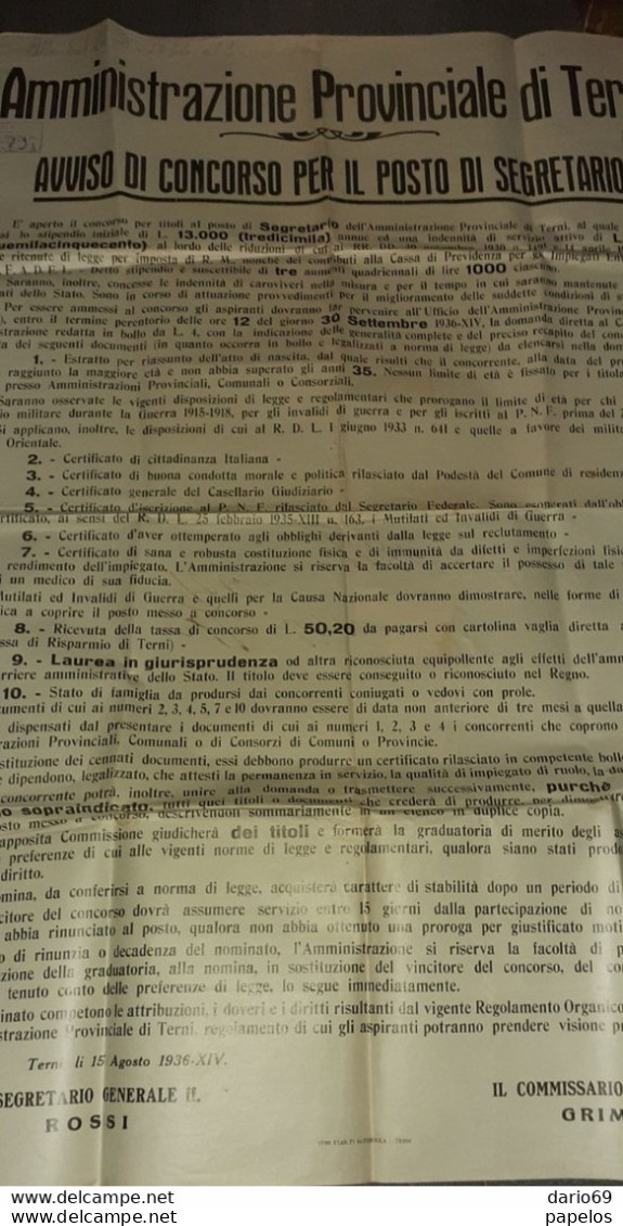 1936 TERNI - AVVISO DI CONCORSO PER IL POSTO DI SEGRETARIO - Historical Documents