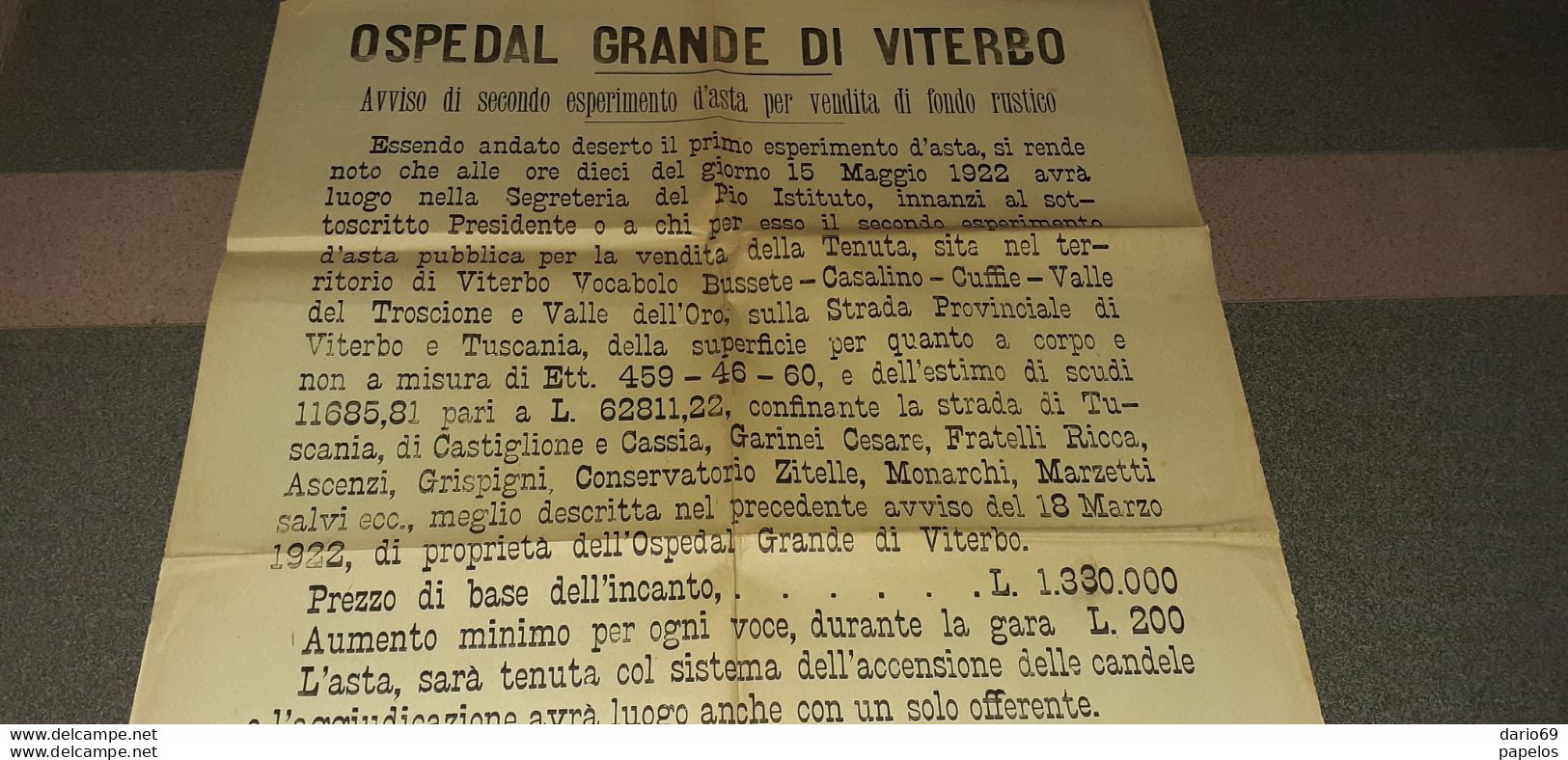1922 VITERBO -  OSPEDAL GRANDE DI VITERBO -  AVVISO DI SECONDO ESPERIMENTO D'ASTA  PER VENDITA FONDI RUSTICI - Historical Documents