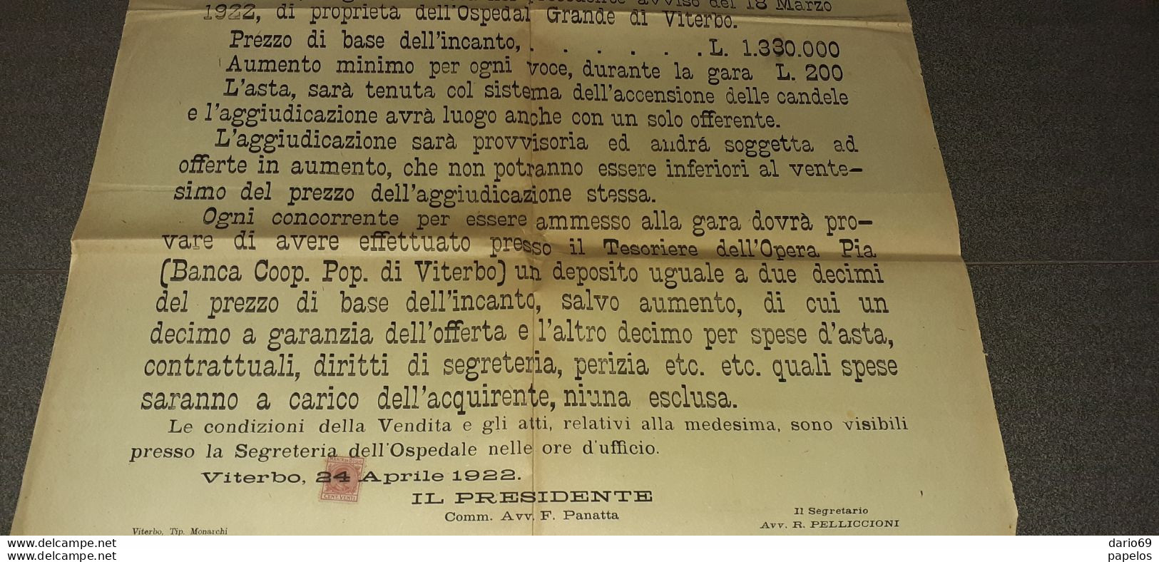 1922 VITERBO -  OSPEDAL GRANDE DI VITERBO -  AVVISO DI SECONDO ESPERIMENTO D'ASTA  PER VENDITA FONDI RUSTICI - Historical Documents