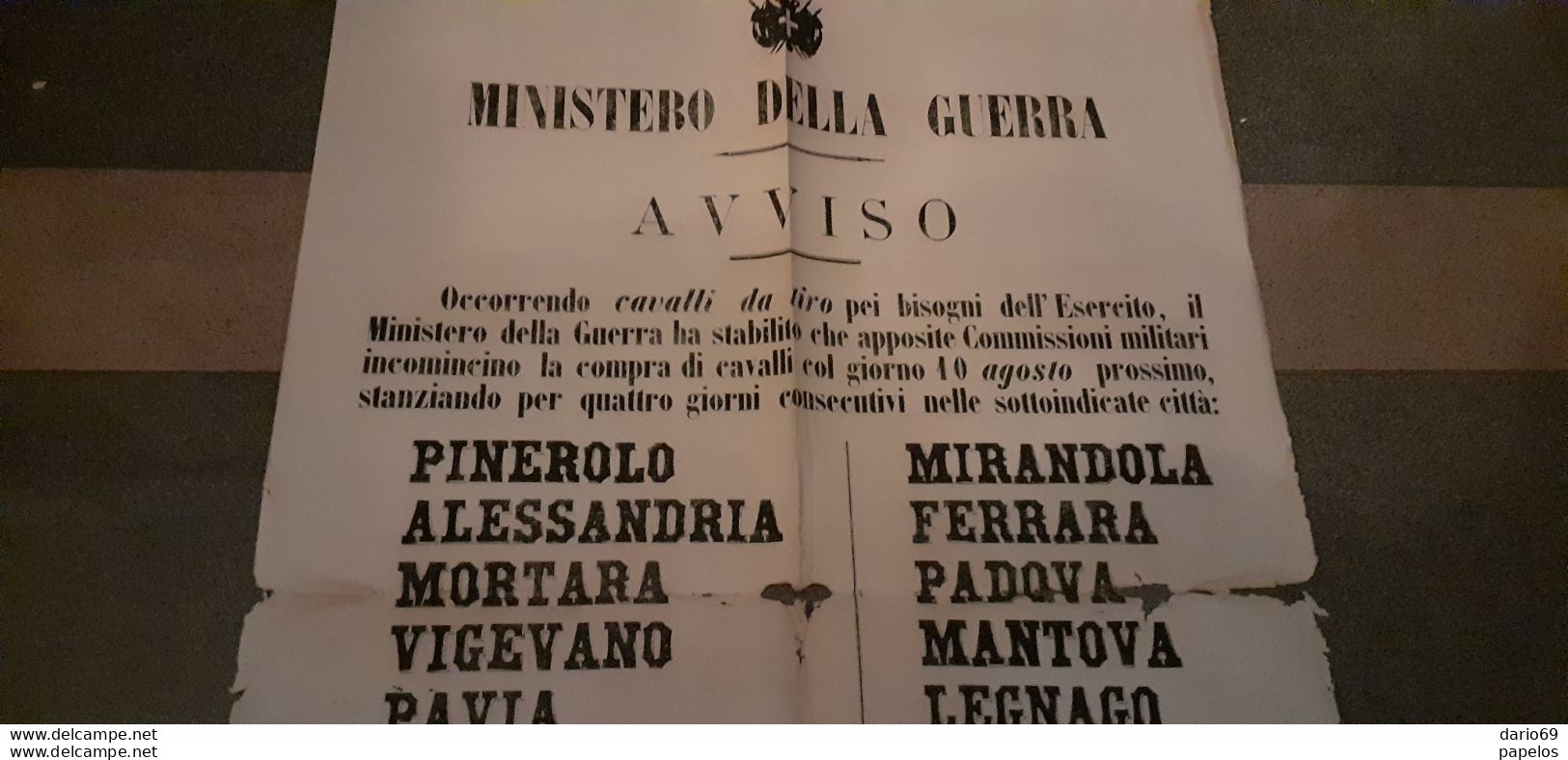 1870 FIRENZE -  MINISTRO DELLA GUERRA - AVVISO RICHIESTA CAVALLI DA TIRO - Historical Documents