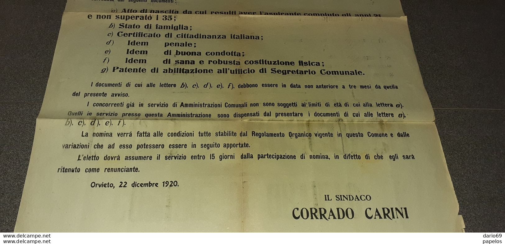 1920 COMUNE DI ORVIETO AVVISO DI CONCORSO ALL' UFFICIO DI SEGRETARIO GENERALE - Documenti Storici