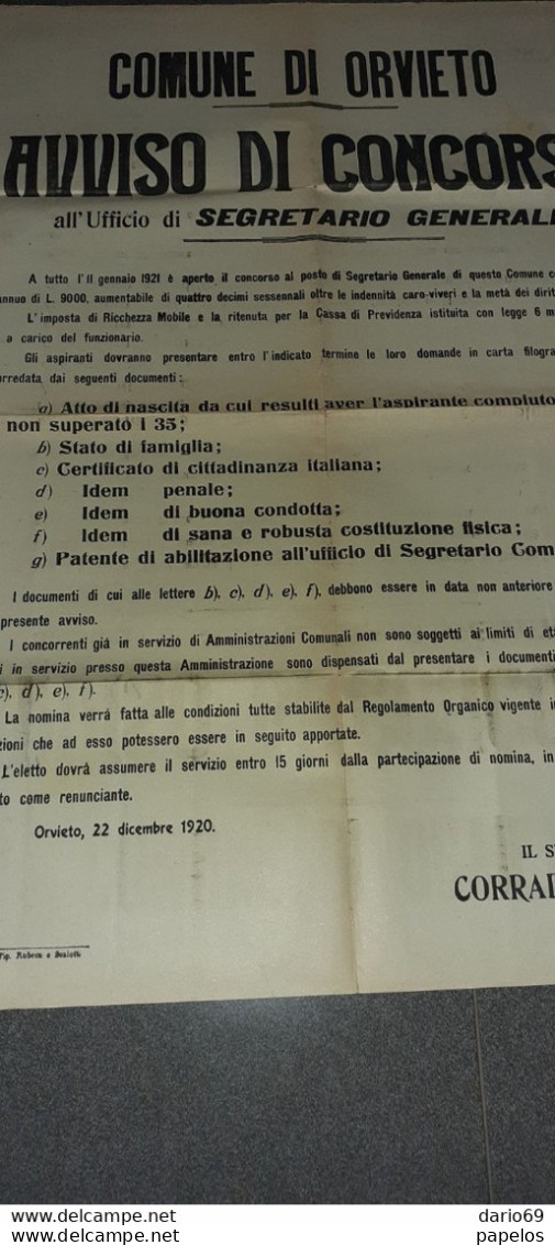 1920 COMUNE DI ORVIETO AVVISO DI CONCORSO ALL' UFFICIO DI SEGRETARIO GENERALE - Documents Historiques