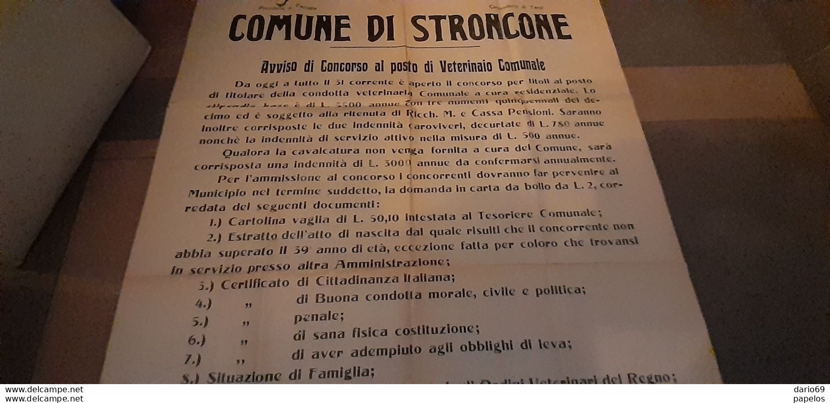 1925 COMUNE DI STONCONE TERNI -  AVVISO DI CONCORSO AL POSTO DI VETERINARIO COMUNALE - Documenti Storici