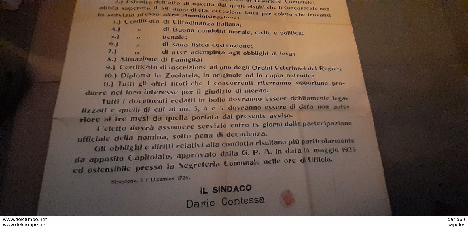 1925 COMUNE DI STONCONE TERNI -  AVVISO DI CONCORSO AL POSTO DI VETERINARIO COMUNALE - Historical Documents