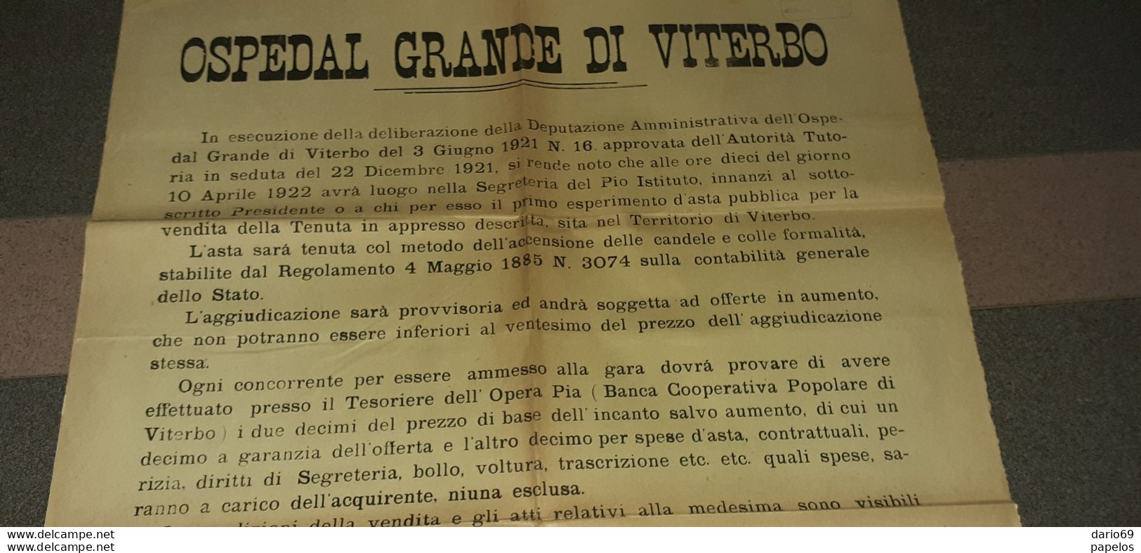 1922 VITERBO -  OSPEDAL GRANDE DI VITERBO -  ASTA VENDITA TENUTA - Documenti Storici