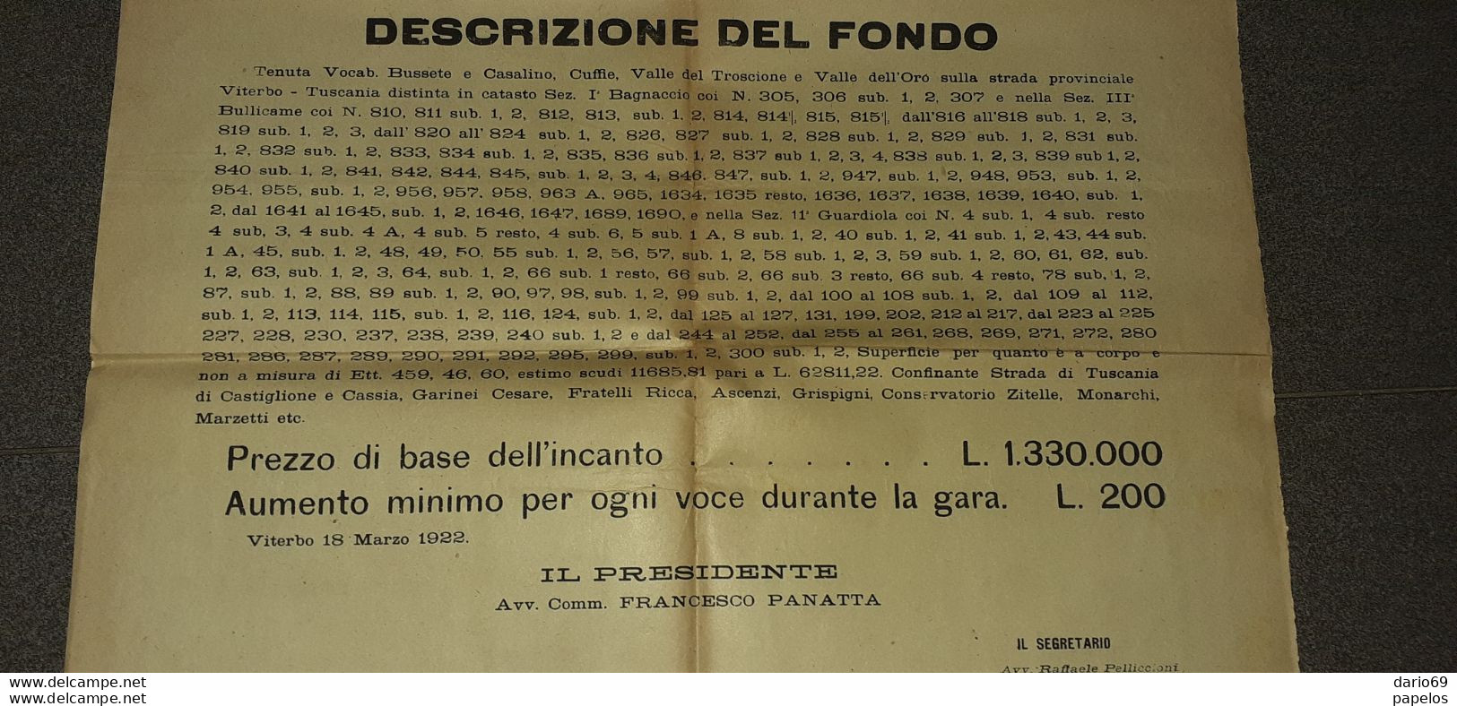 1922 VITERBO -  OSPEDAL GRANDE DI VITERBO -  ASTA VENDITA TENUTA - Documenti Storici